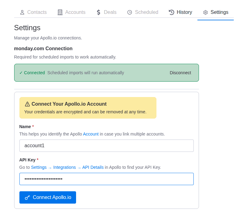 Adding Apollo.io connection in Apollo Data Importer