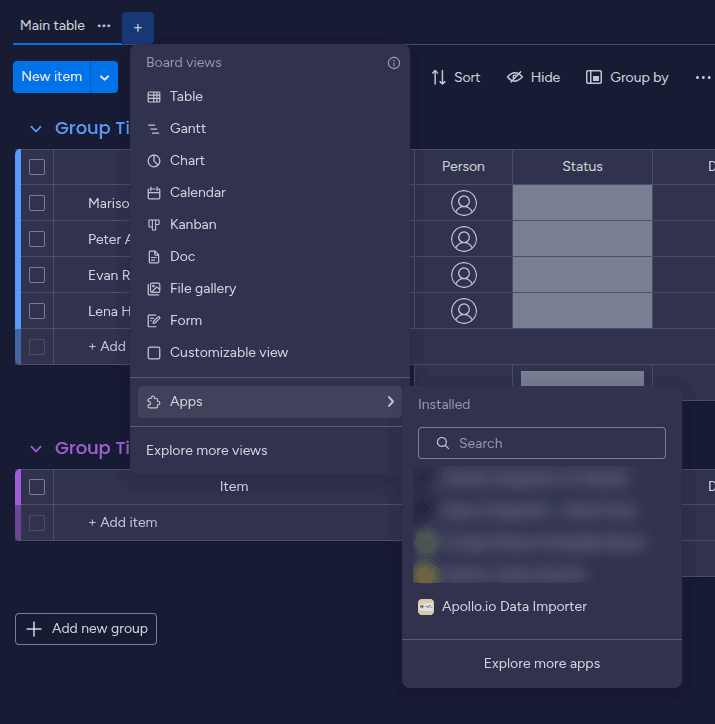 Install the Apollo Data Importer app from the monday.com marketplace