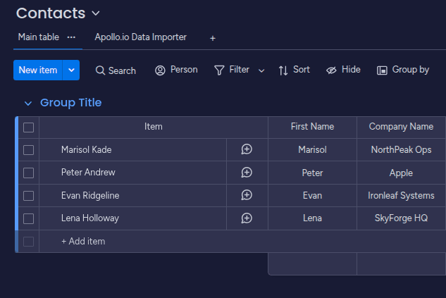 Settings tab after adding Apollo.io connection in Apollo Data Importer
