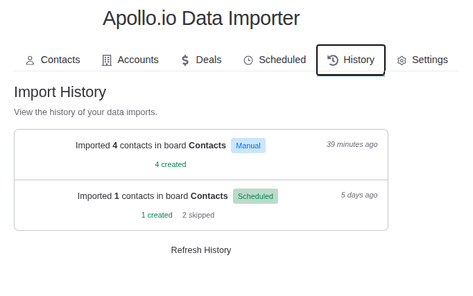 History view in Apollo Data Importer