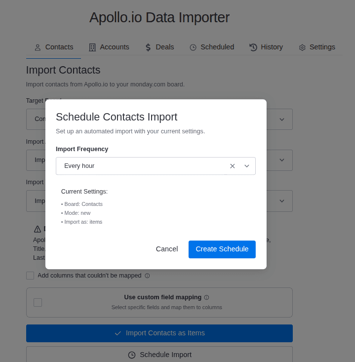Schedule imports set-up in Apollo Data Importer