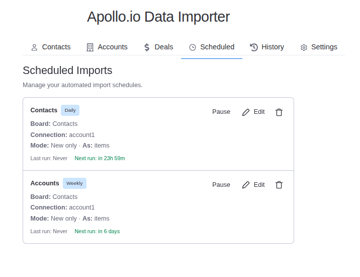 Scheduled view in Apollo Data Importer