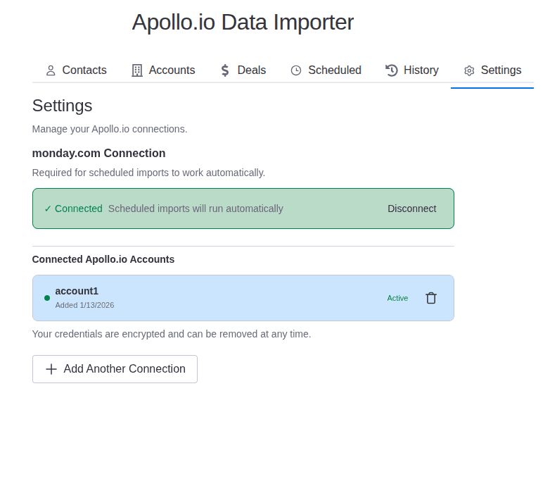 Settings tab after adding Apollo.io connection in Apollo Data Importer
