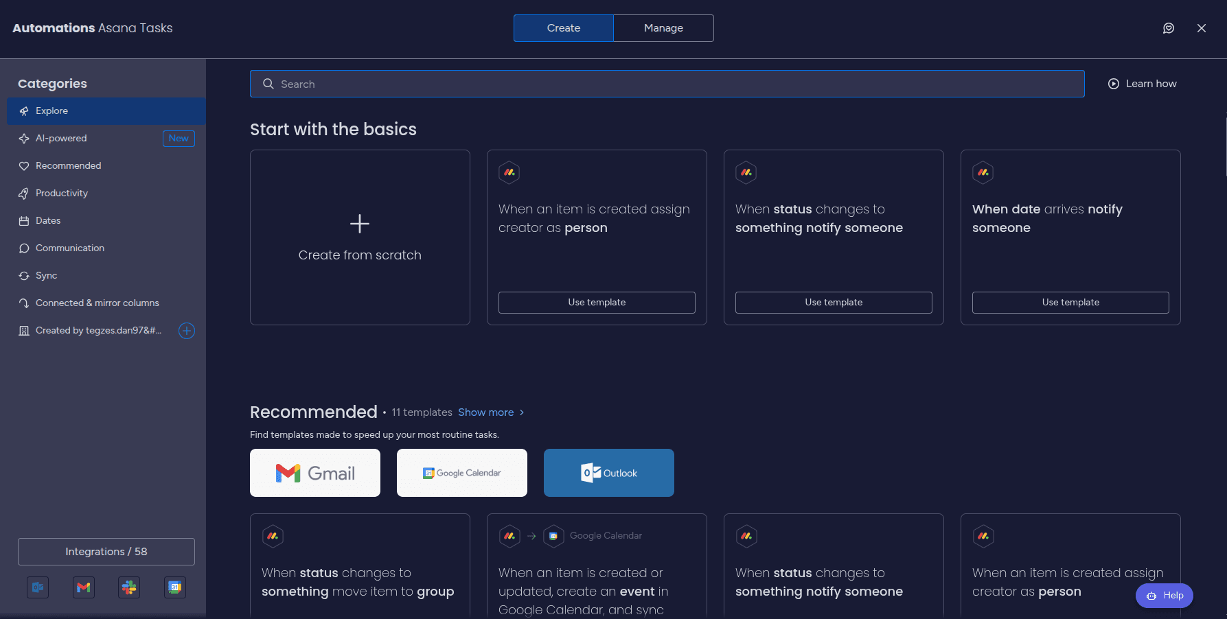 Opening the Automations section and choosing to create a new automation from scratch in the Asana Integration Plus app