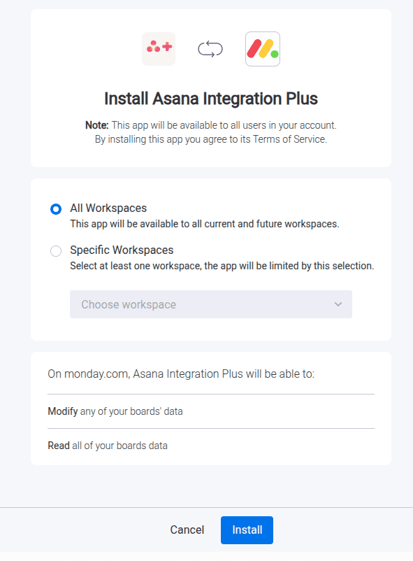 Install the Asana Integration Plus app from the monday.com marketplace