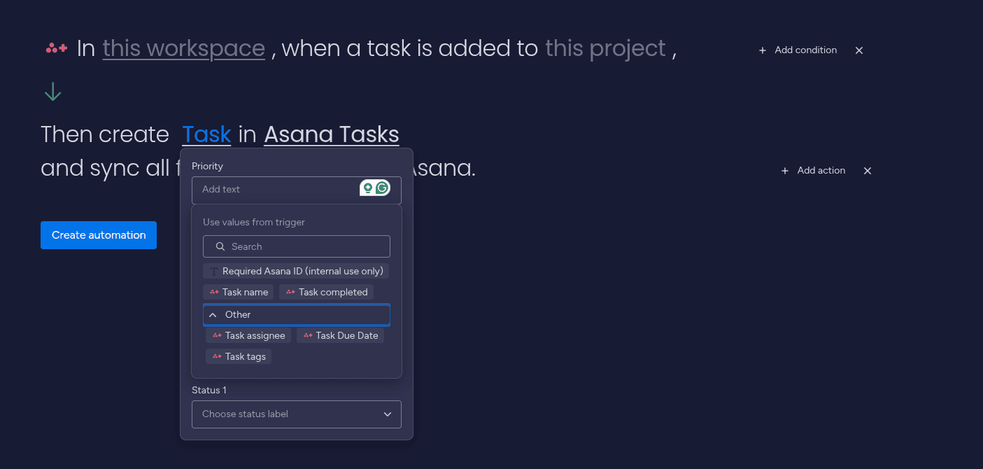Setting up the fields with the desired mapping in the Asana Integration Plus automation