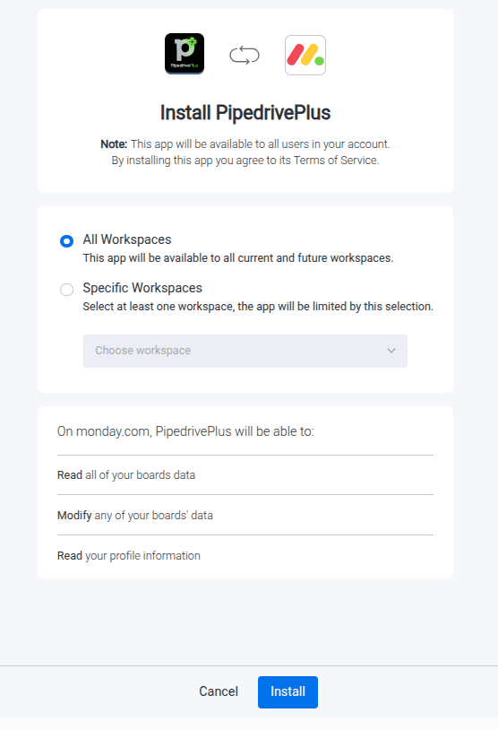Install the PipedrivePlus app from the monday.com marketplace