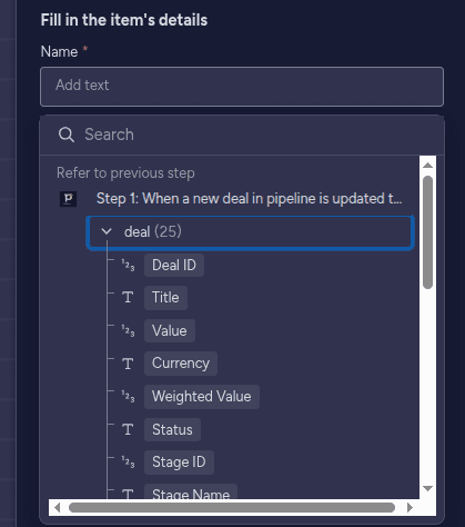 Mapping the fields with options from the trigger in the PipedrivePlus app