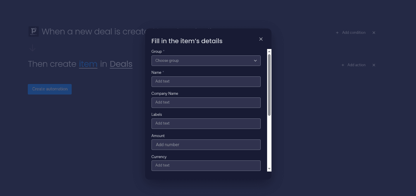 Setting up the fields with the desired mapping in the PipedrivePlus automation