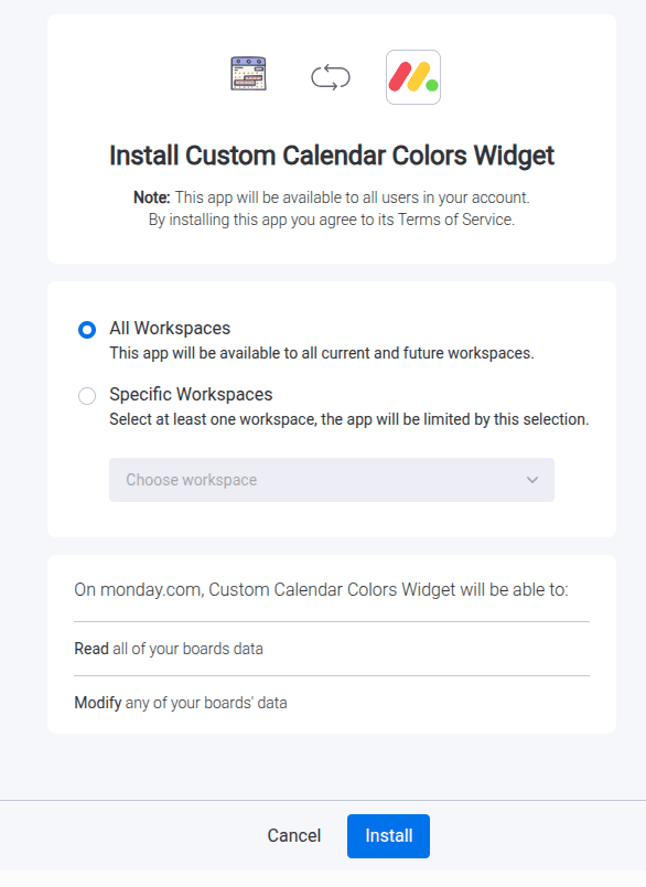 Install the Custom Colors Calendar app from the monday.com marketplace
