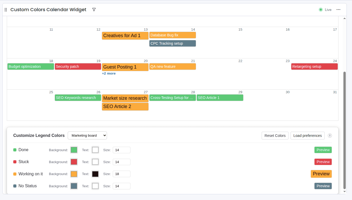Resulting calendar view with customized colors and sizes applied